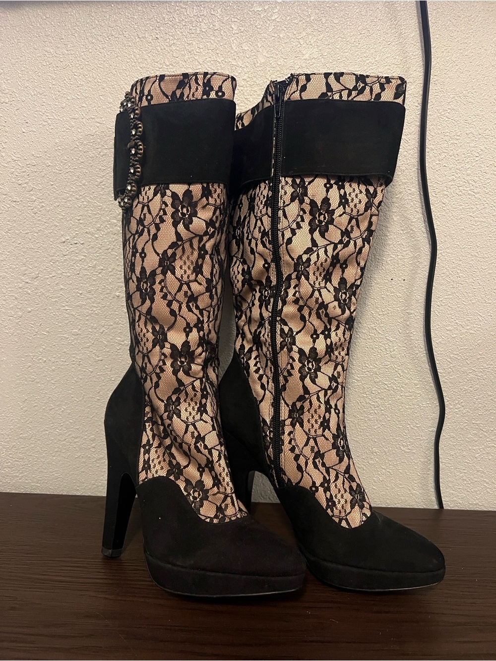 Hale Bob Black Lace-Overlay High Heel Knee Boot with Embellished Buckle - Picture 5 of 6